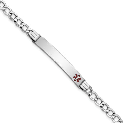 14K White Gold Medical Semi Solid Chain/Solid Plate 37X6mm Off Center Red Enamel Curb Link 7 Inch Id Bracelet