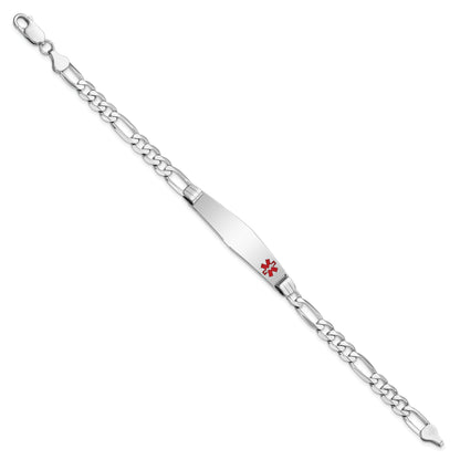 14K White Gold Medical Solid Chain/Solid Plate Soft Diamond Shape 38X9mm Off Center Red Enamel Figaro Link 8 Inch Id Bracelet