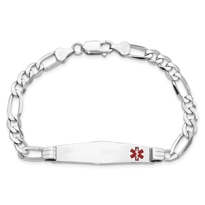 14K White Gold Medical Solid Chain/Solid Plate Soft Diamond Shape 38X9mm Off Center Red Enamel Figaro Link 8 Inch Id Bracelet