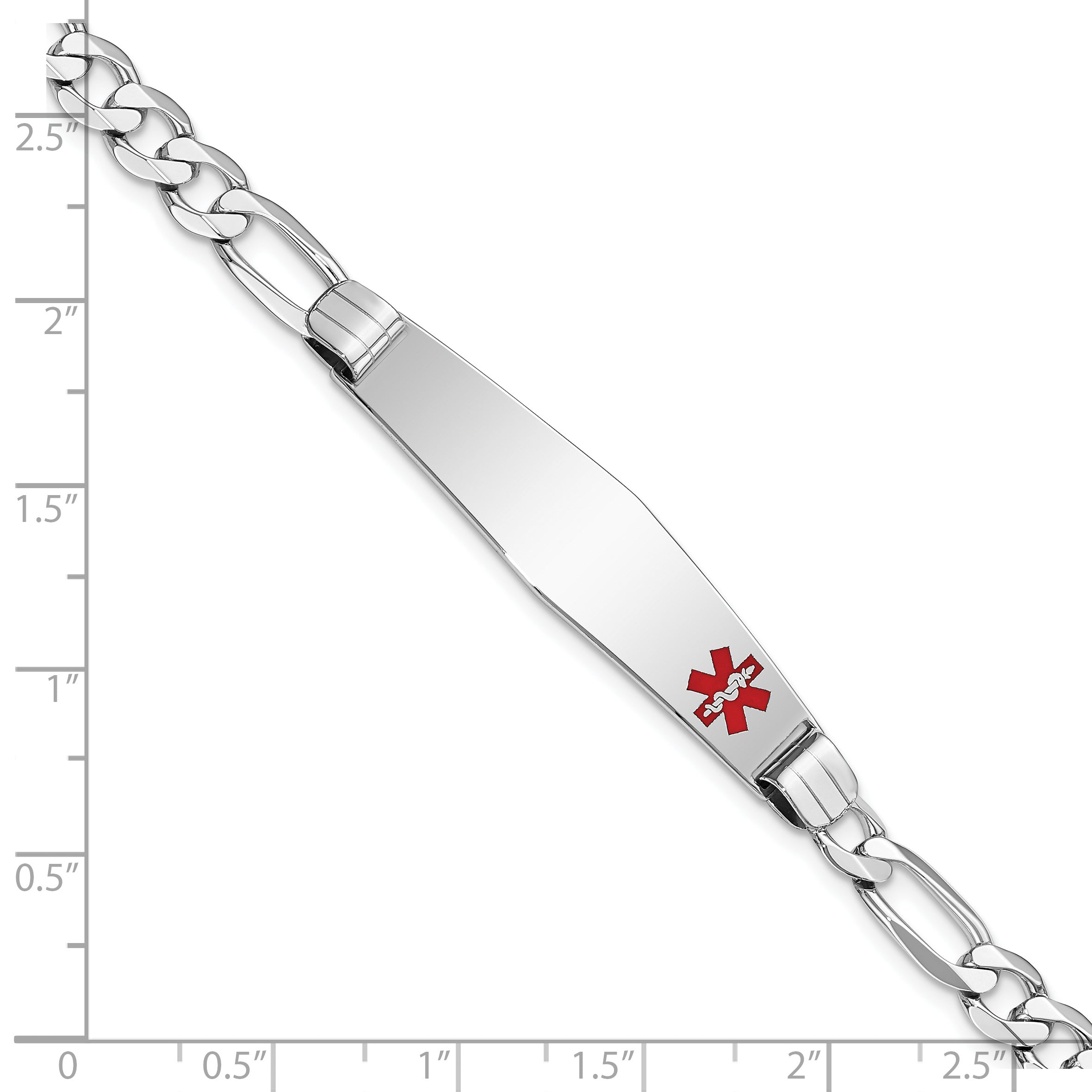 14K White Gold Medical Solid Chain/Solid Plate Soft Diamond Shape 38X9mm Off Center Red Enamel Figaro Link 8 Inch Id Bracelet