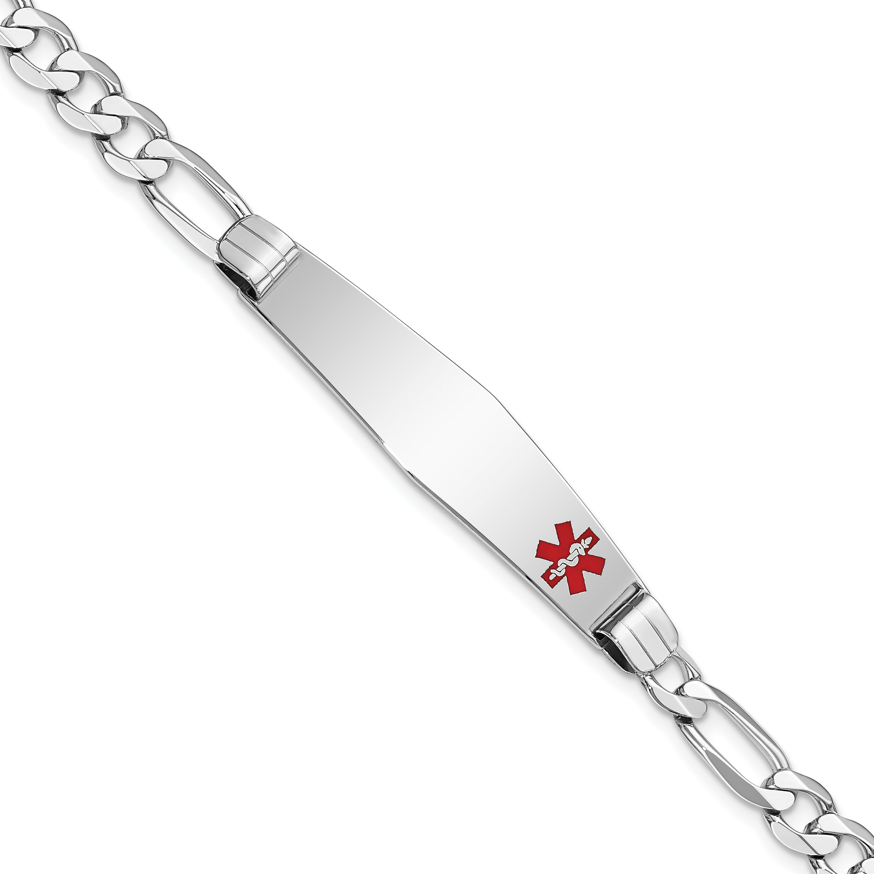 14K White Gold Medical Solid Chain/Solid Plate Soft Diamond Shape 38X9mm Off Center Red Enamel Figaro Link 8 Inch Id Bracelet