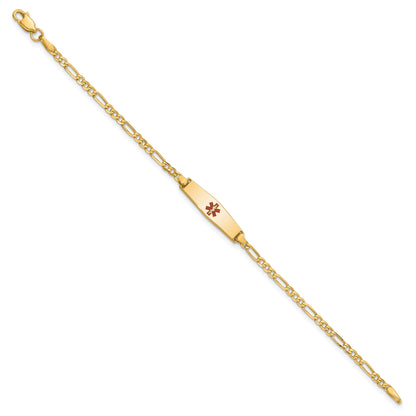 14K Yellow Gold Medical Solid Chain/Solid Plate 20X5mm Soft Diamond Shape Centered Red Enamel Figaro Link 8 Inch Id Bracelet