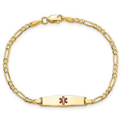 14K Yellow Gold Medical Solid Chain/Solid Plate 20X5mm Soft Diamond Shape Centered Red Enamel Figaro Link 6 Inch Baby/Child Id Bracelet