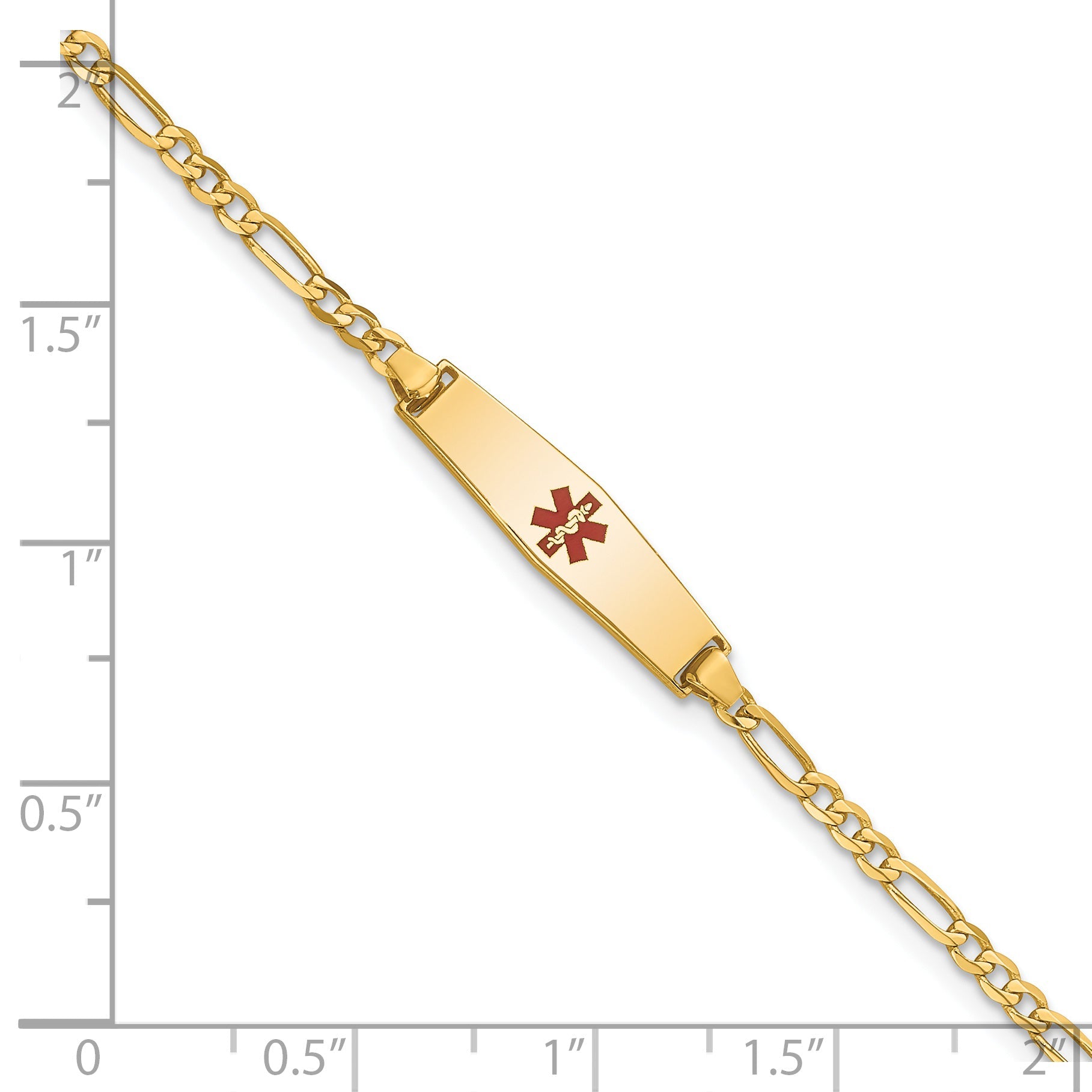 14K Yellow Gold Medical Solid Chain/Solid Plate 20X5mm Soft Diamond Shape Centered Red Enamel Figaro Link 6 Inch Baby/Child Id Bracelet