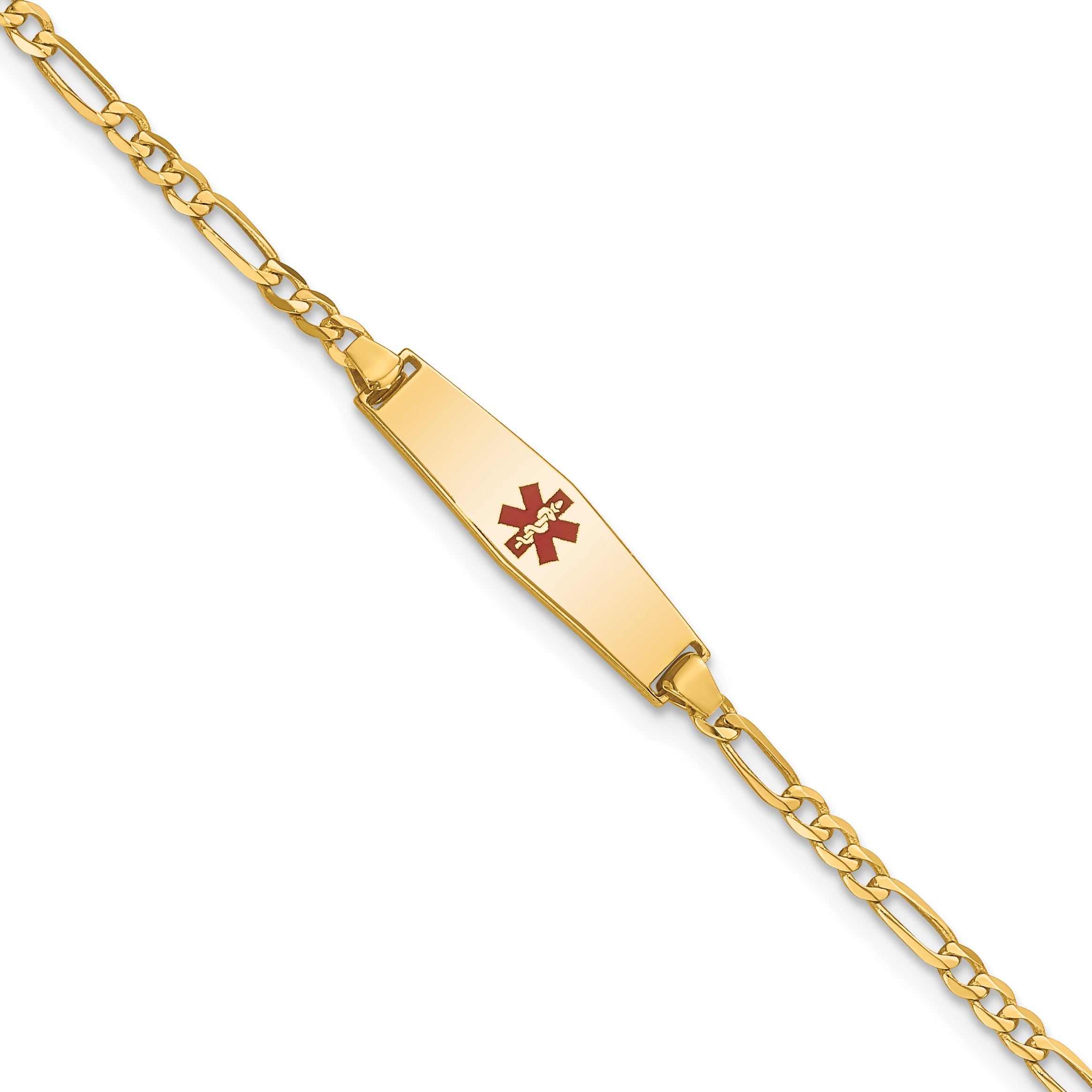 14K Yellow Gold Medical Solid Chain/Solid Plate 20X5mm Soft Diamond Shape Centered Red Enamel Figaro Link 6 Inch Baby/Child Id Bracelet