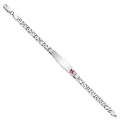 14K White Gold Medical Solid Chain/Solid Plate Soft Diamond Shape 38X9mm Off Center Red Enamel Flat Curb Link 8 Inch Id Bracelet