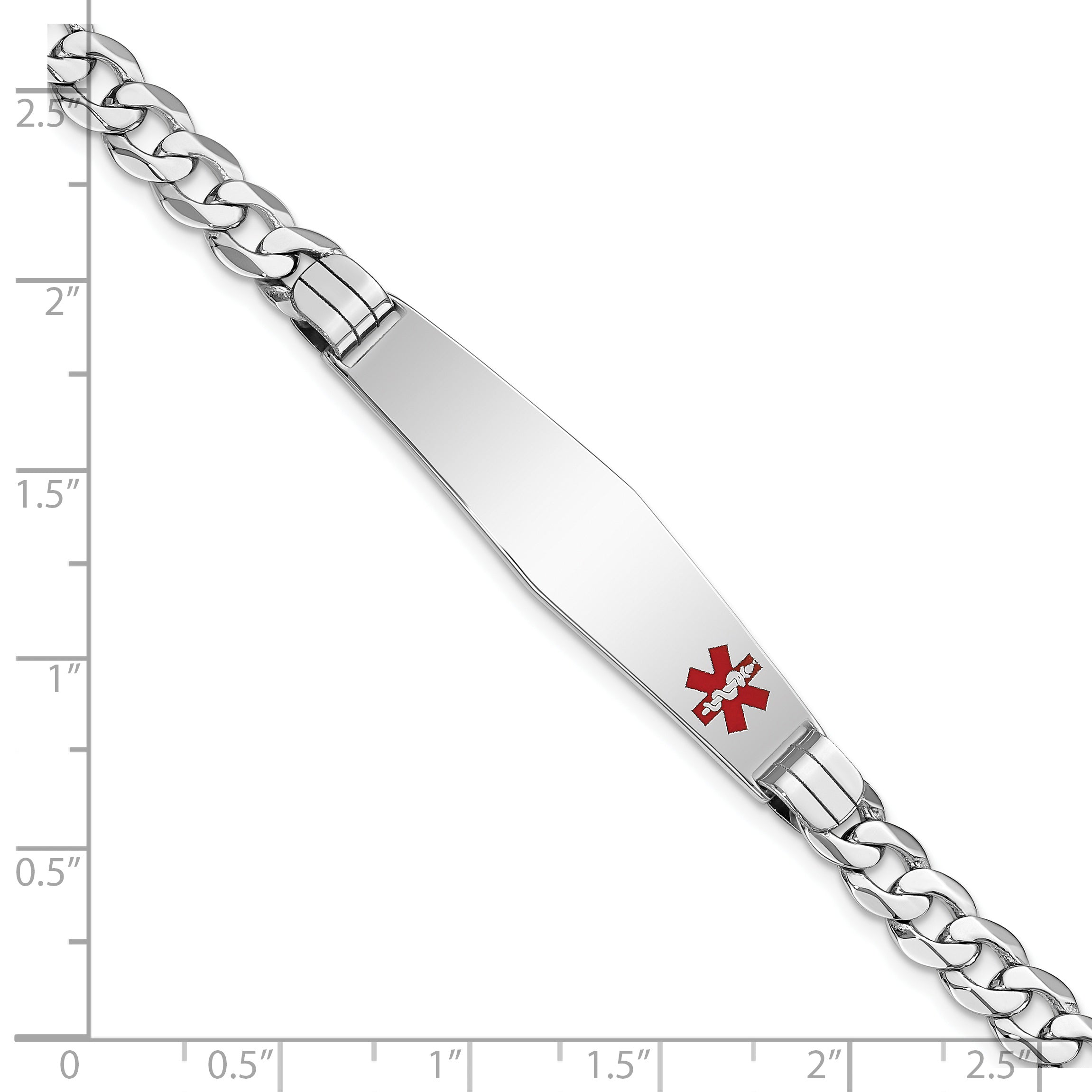 14K White Gold Medical Solid Chain/Solid Plate Soft Diamond Shape 38X9mm Off Center Red Enamel Flat Curb Link 8 Inch Id Bracelet