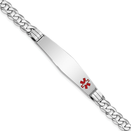 14K White Gold Medical Solid Chain/Solid Plate Soft Diamond Shape 38X9mm Off Center Red Enamel Flat Curb Link 8 Inch Id Bracelet
