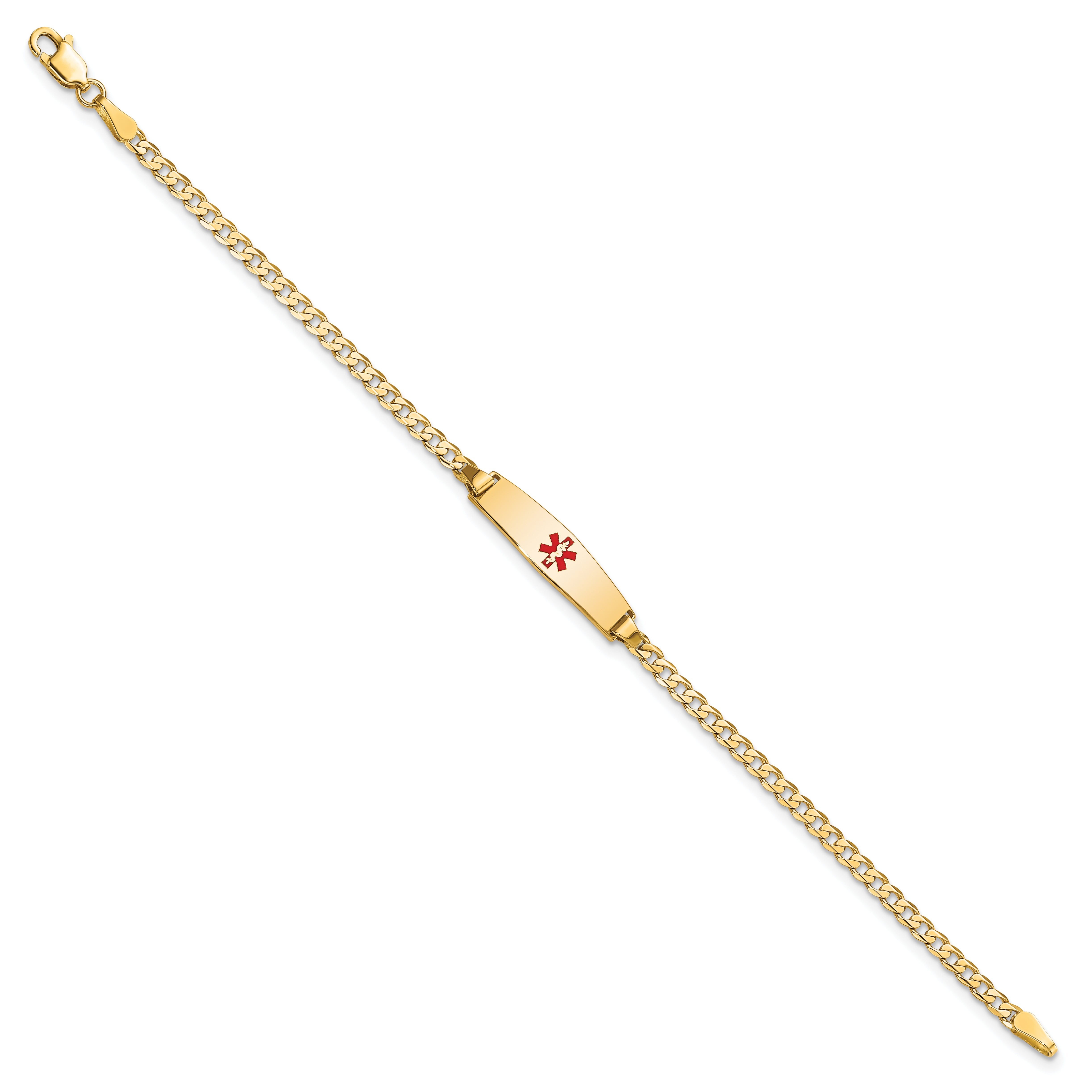 14K Yellow Gold Medical Solid Chain/Solid Plate 20X5mm Soft Diamond Shape Centered Red Enamel Curb Link 6 Inch Baby/Child Id Bracelet
