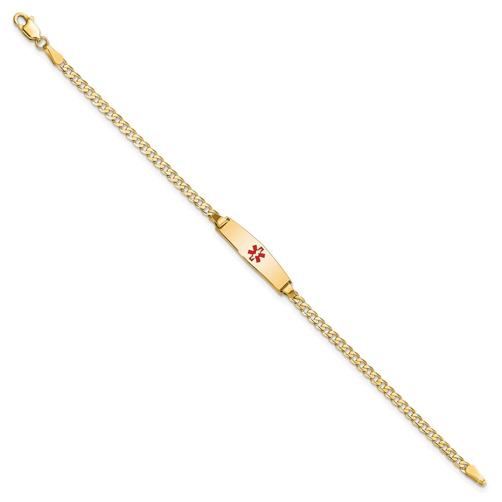 14K Yellow Gold Medical Solid Chain/Solid Plate 20X5mm Soft Diamond Shape Centered Red Enamel Curb Link 8 Inch Id Bracelet