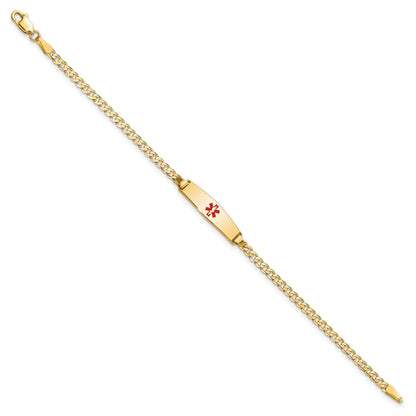 14K Yellow Gold Medical Solid Chain/Solid Plate 20X5mm Soft Diamond Shape Centered Red Enamel Curb Link 7 Inch Id Bracelet