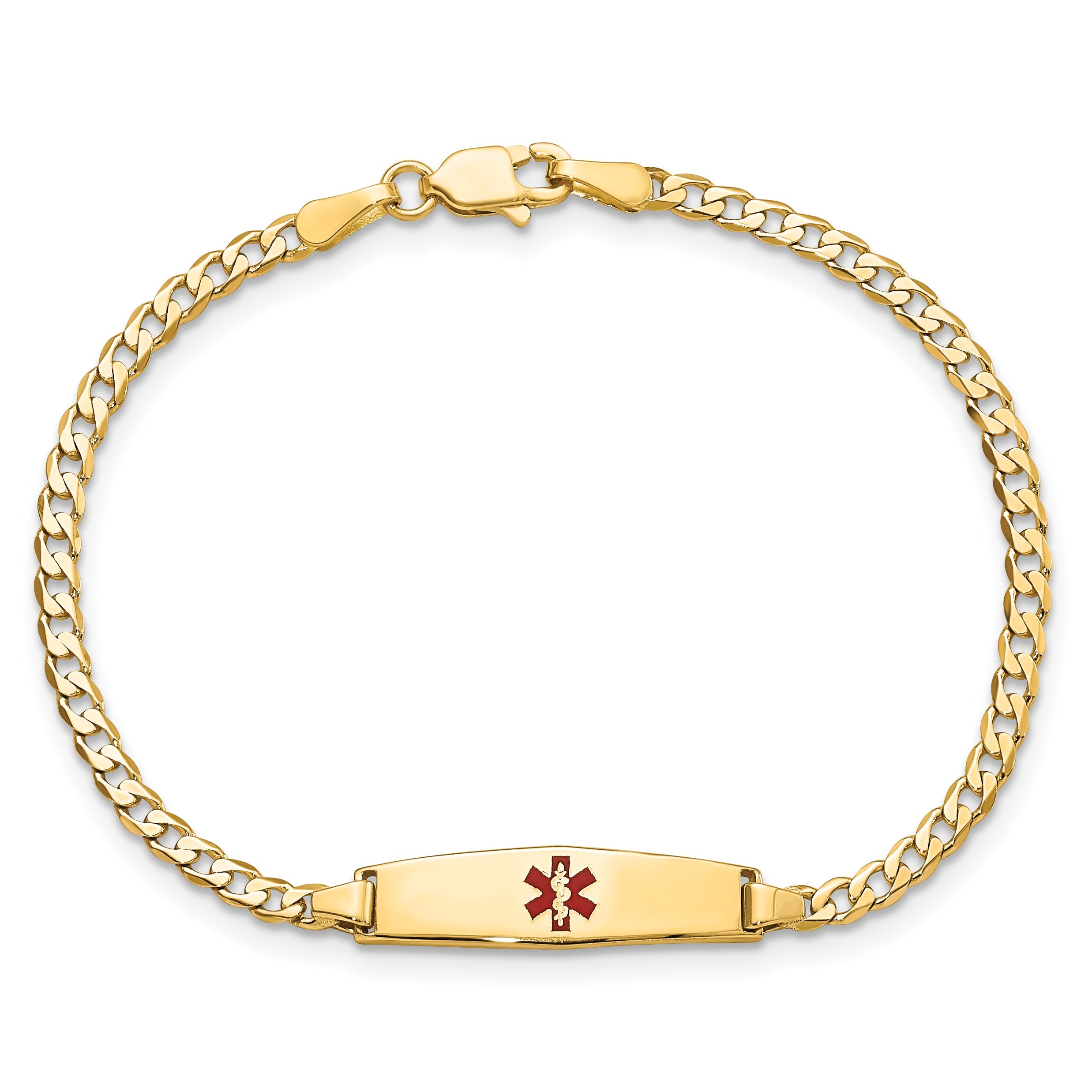 14K Yellow Gold Medical Solid Chain/Solid Plate 20X5mm Soft Diamond Shape Centered Red Enamel Curb Link 6 Inch Baby/Child Id Bracelet