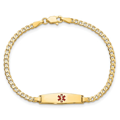 14K Yellow Gold Medical Solid Chain/Solid Plate 20X5mm Soft Diamond Shape Centered Red Enamel Curb Link 7 Inch Id Bracelet