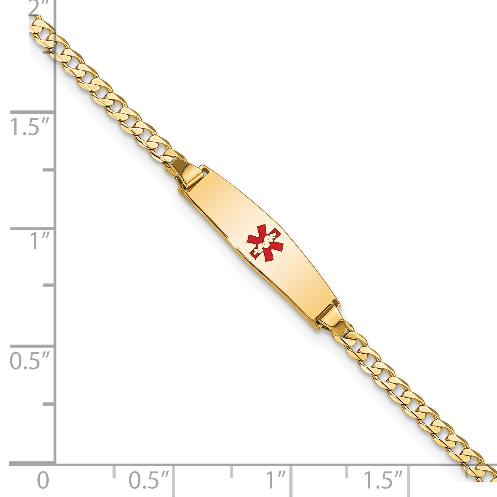 14K Yellow Gold Medical Solid Chain/Solid Plate 20X5mm Soft Diamond Shape Centered Red Enamel Curb Link 6 Inch Baby/Child Id Bracelet