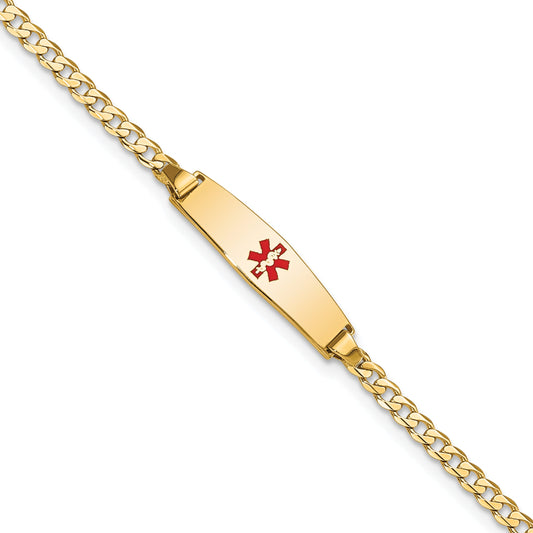 14K Yellow Gold Medical Solid Chain/Solid Plate 20X5mm Soft Diamond Shape Centered Red Enamel Curb Link 6 Inch Baby/Child Id Bracelet