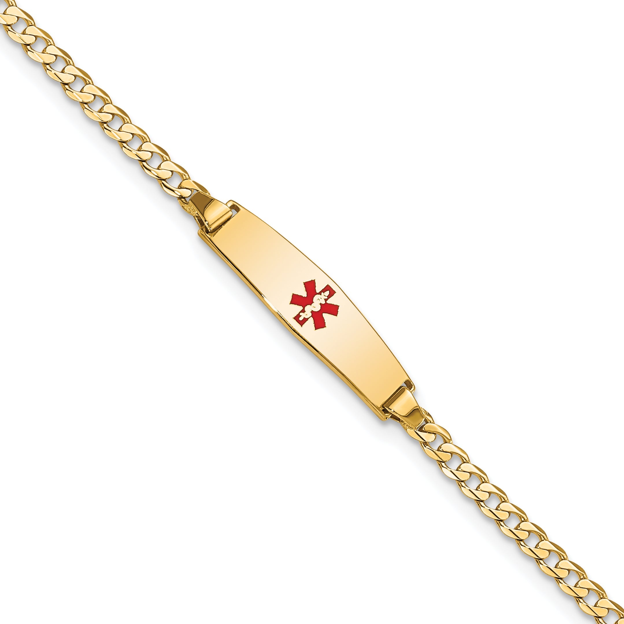 14K Yellow Gold Medical Solid Chain/Solid Plate 20X5mm Soft Diamond Shape Centered Red Enamel Curb Link 7 Inch Id Bracelet