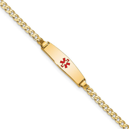 14K Yellow Gold Medical Solid Chain/Solid Plate 20X5mm Soft Diamond Shape Centered Red Enamel Curb Link 8 Inch Id Bracelet