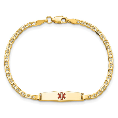 14K Yellow Gold Medical Solid Chain/Solid Plate 20X5mm Soft Diamond Shape Centered Red Enamel Flat Anchor Link 6 Inch Baby/Child Id Bracelet