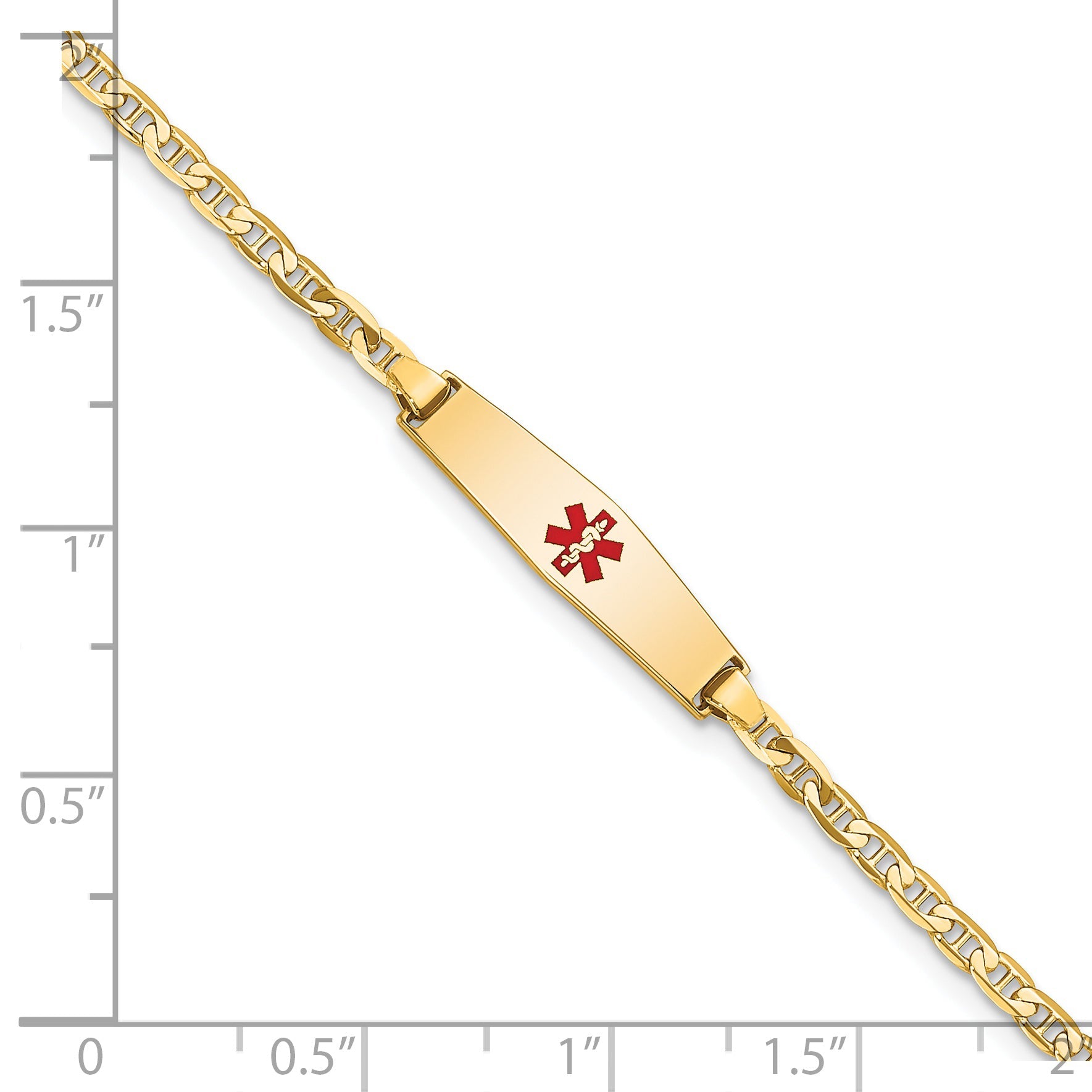 14K Yellow Gold Medical Solid Chain/Solid Plate 20X5mm Soft Diamond Shape Centered Red Enamel Flat Anchor Link 6 Inch Baby/Child Id Bracelet