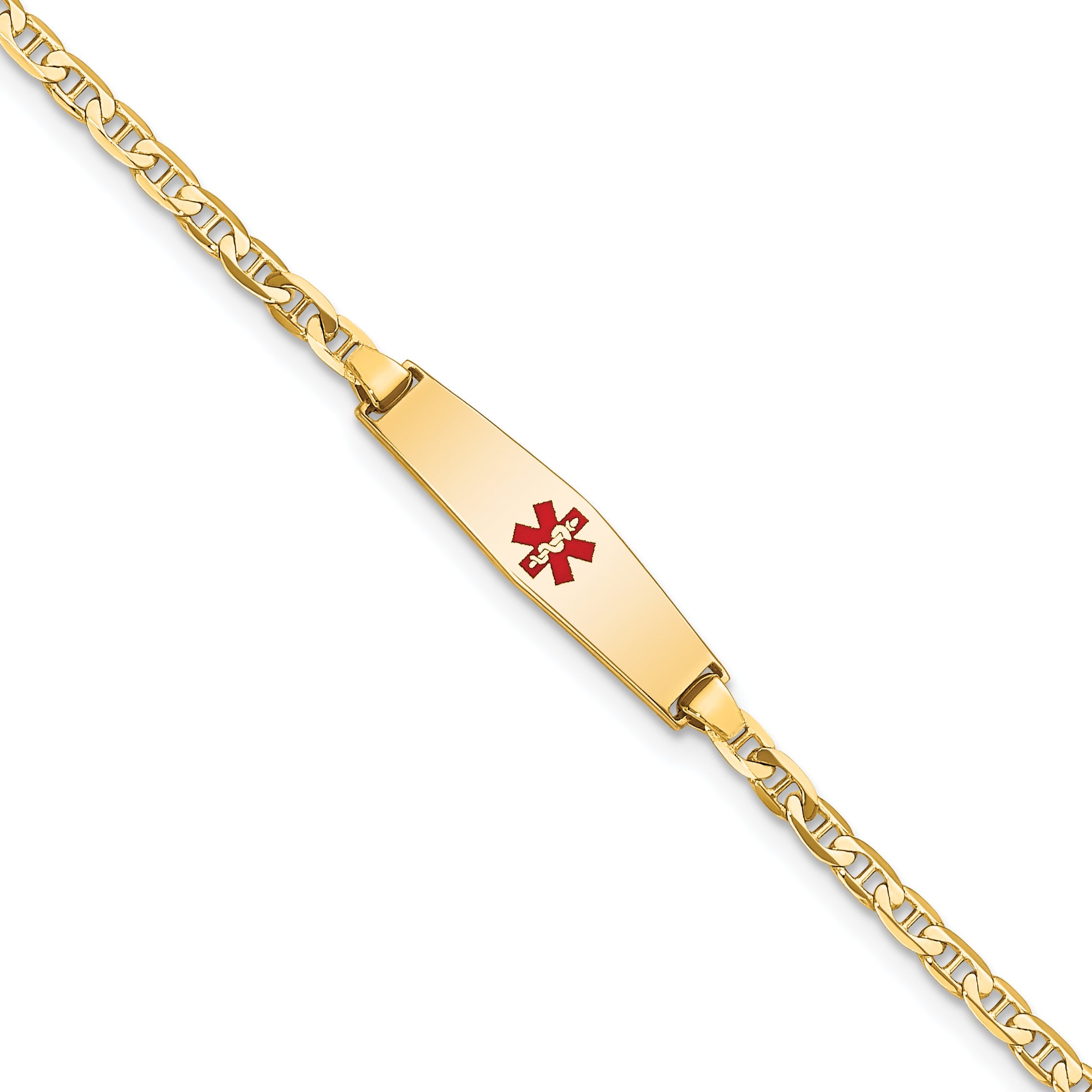 14K Yellow Gold Medical Solid Chain/Solid Plate 20X5mm Soft Diamond Shape Centered Red Enamel Flat Anchor Link 6 Inch Baby/Child Id Bracelet