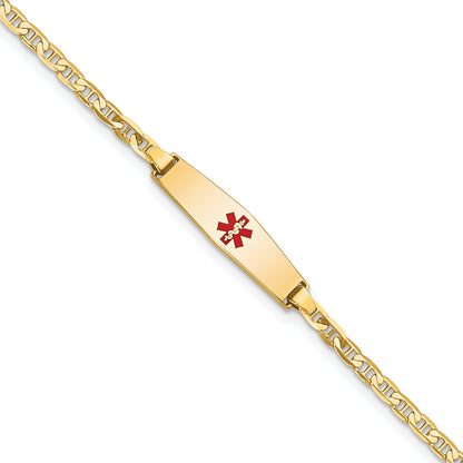14K Yellow Gold Medical Solid Chain/Solid Plate 20X5mm Soft Diamond Shape Centered Red Enamel Flat Anchor Link 6 Inch Baby/Child Id Bracelet