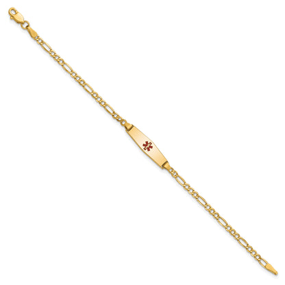 14K Yellow Gold Medical Semi Solid Chain/Solid Plate 20X5mm Soft Diamond Shape Centered Red Enamel Figaro Link 6 Inch Baby/Child Id Bracelet