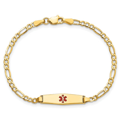 14K Yellow Gold Medical Semi Solid Chain/Solid Plate 20X5mm Soft Diamond Shape Centered Red Enamel Figaro Link 7 Inch Id Bracelet