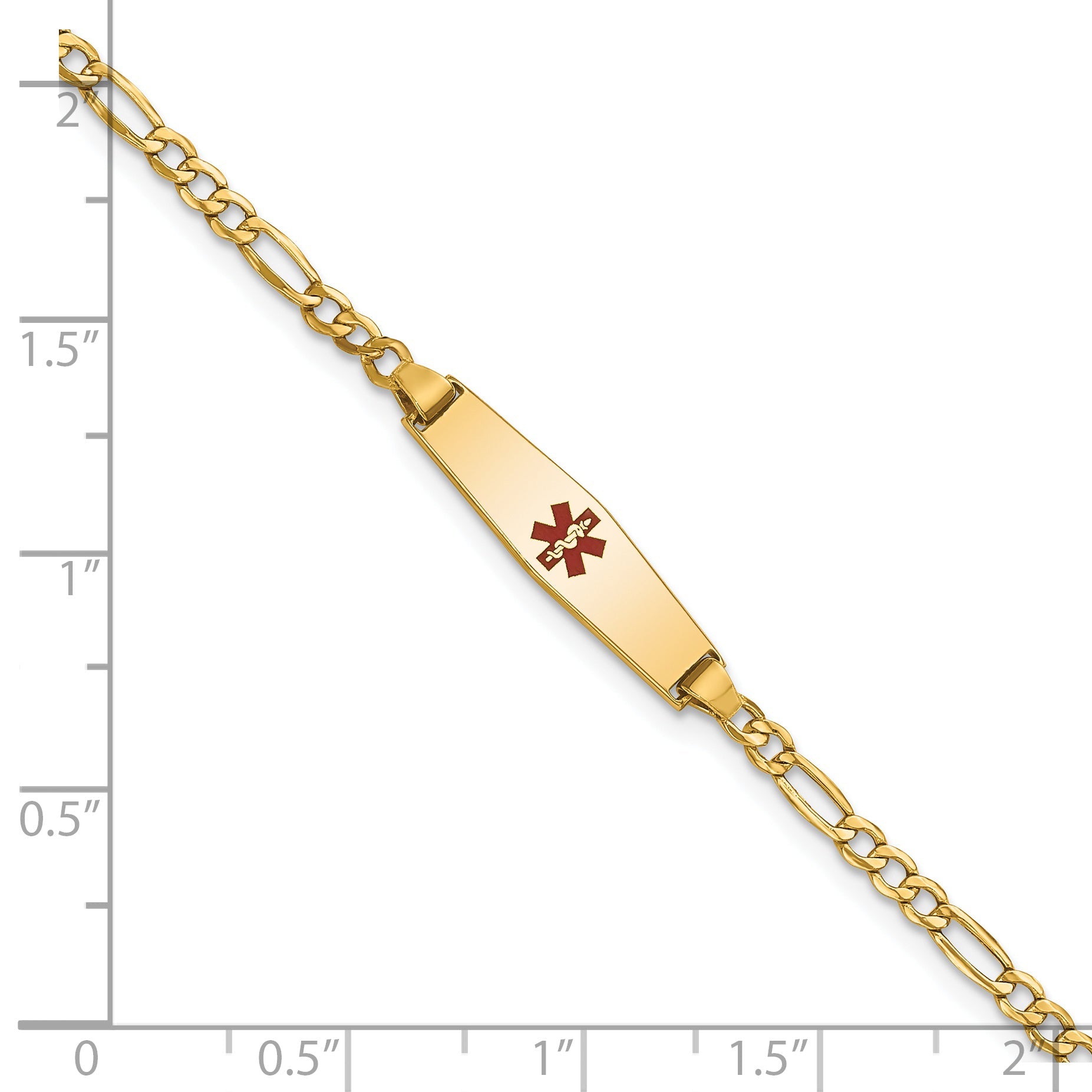 14K Yellow Gold Medical Semi Solid Chain/Solid Plate 20X5mm Soft Diamond Shape Centered Red Enamel Figaro Link 7 Inch Id Bracelet