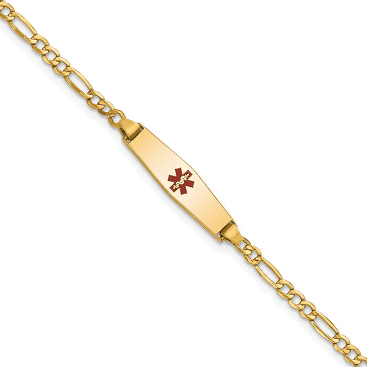 14K Yellow Gold Medical Semi Solid Chain/Solid Plate 20X5mm Soft Diamond Shape Centered Red Enamel Figaro Link 6 Inch Baby/Child Id Bracelet
