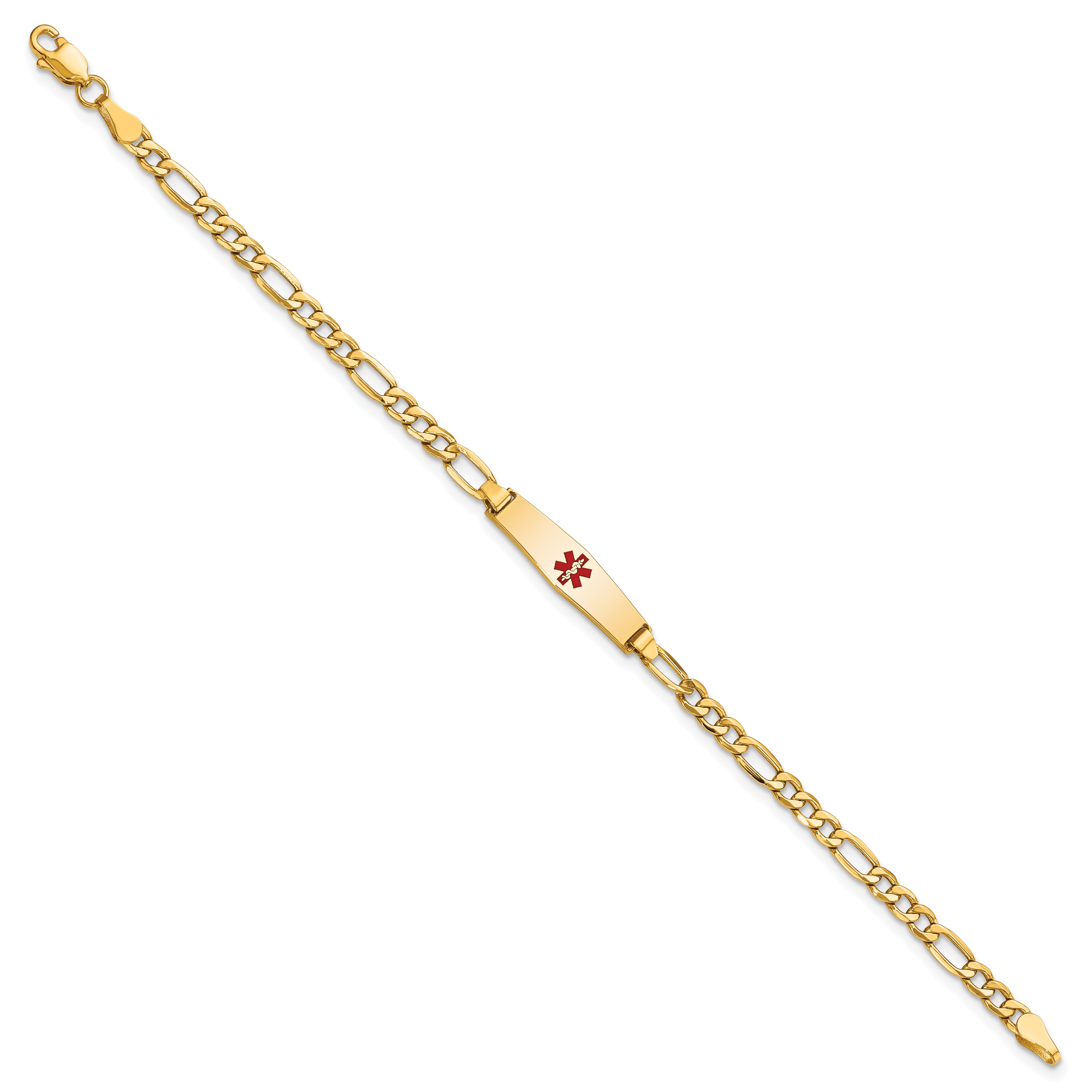 14K Yellow Gold Medical Semi Solid Chain/Solid Plate 20X5mm Soft Diamond Shape Centered Red Enamel Figaro Link 7 Inch Id Bracelet