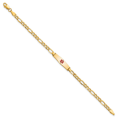 14K Yellow Gold Medical Semi Solid Chain/Solid Plate 20X5mm Soft Diamond Shape Centered Red Enamel Figaro Link 7 Inch Id Bracelet