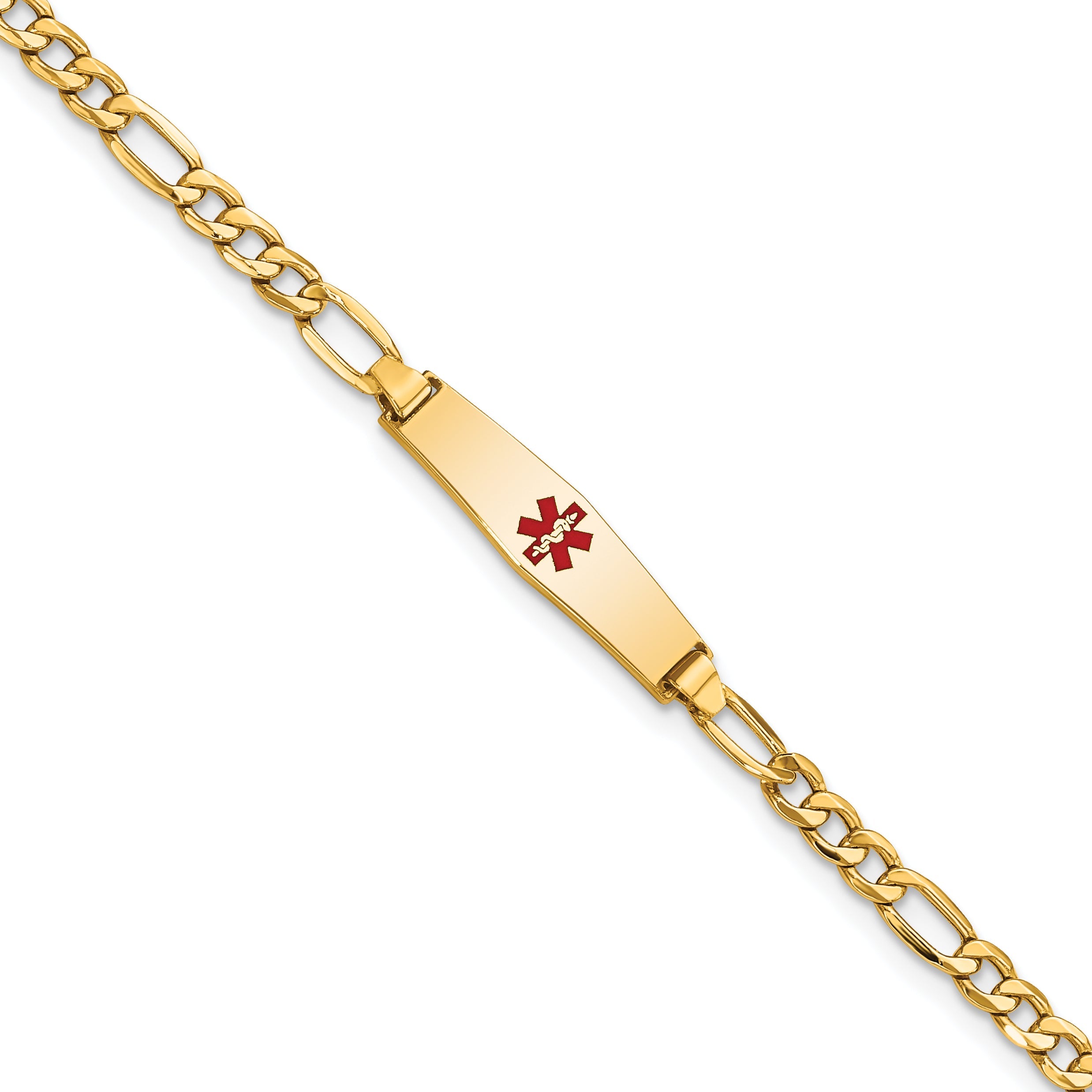 14K Yellow Gold Medical Semi Solid Chain/Solid Plate 20X5mm Soft Diamond Shape Centered Red Enamel Figaro Link 6 Inch Baby/Child Id Bracelet