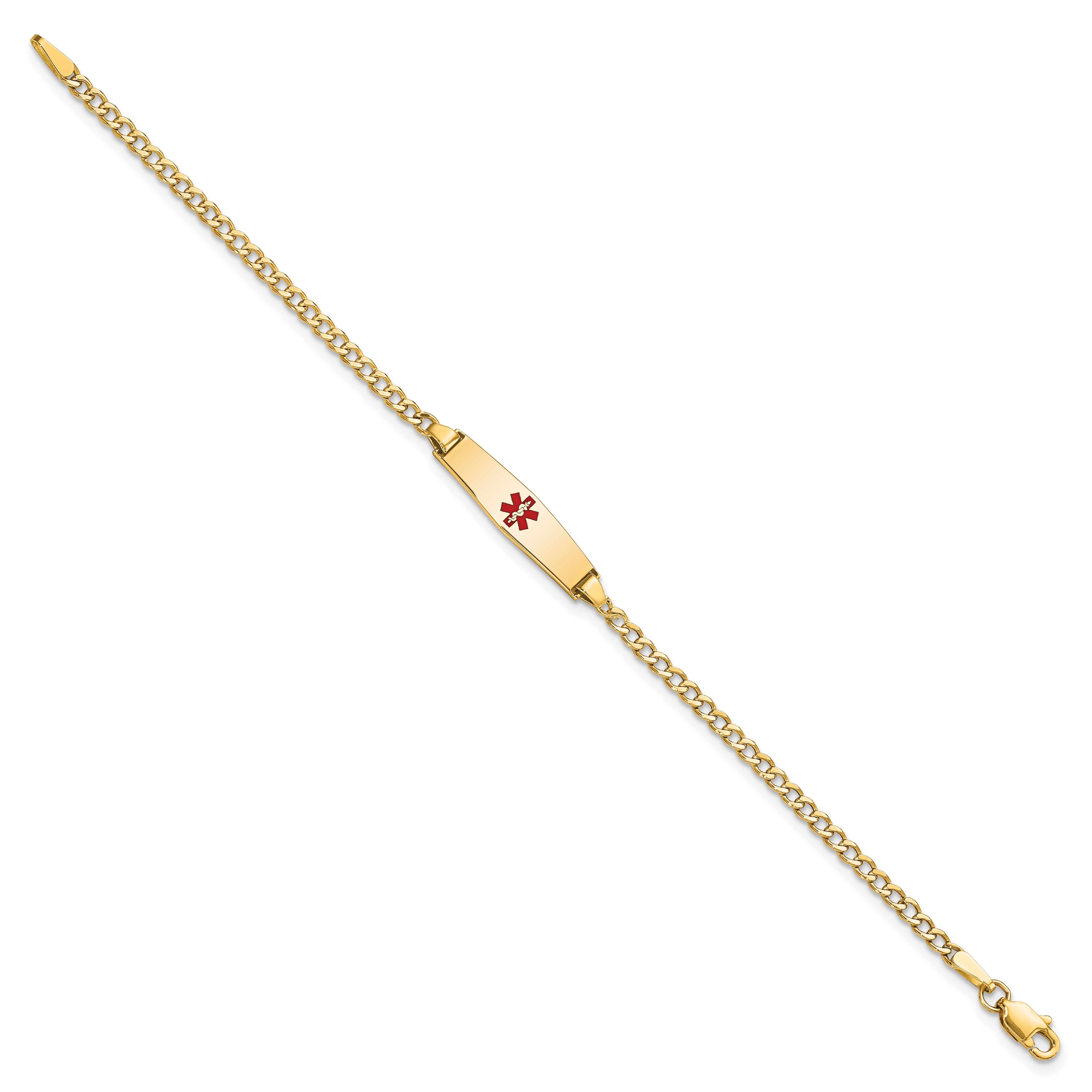 14K Yellow Gold Medical Semi Solid Chain/Solid Plate 20X5mm Soft Diamond Shape Centered Red Enamel Cuban Link 7 Inch Id Bracelet