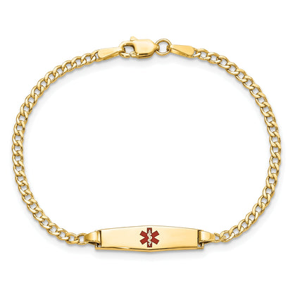 14K Yellow Gold Medical Semi Solid Chain/Solid Plate 20X5mm Soft Diamond Shape Centered Red Enamel Cuban Link 6 Inch Baby/Child Id Bracelet