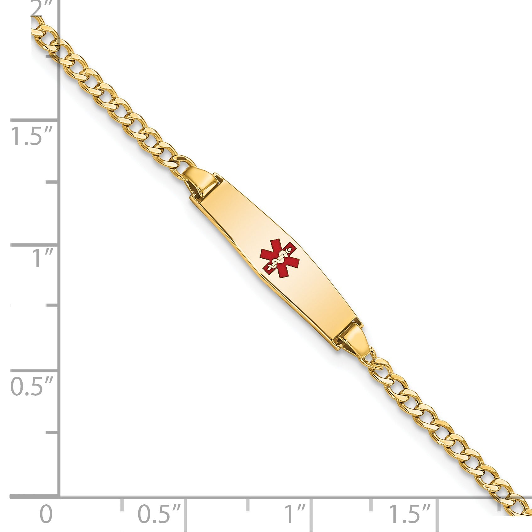 14K Yellow Gold Medical Semi Solid Chain/Solid Plate 20X5mm Soft Diamond Shape Centered Red Enamel Cuban Link 7 Inch Id Bracelet