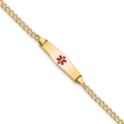 14K Yellow Gold Medical Semi Solid Chain/Solid Plate 20X5mm Soft Diamond Shape Centered Red Enamel Cuban Link 6 Inch Baby/Child Id Bracelet
