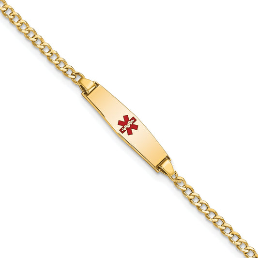 14K Yellow Gold Medical Semi Solid Chain/Solid Plate 20X5mm Soft Diamond Shape Centered Red Enamel Cuban Link 6 Inch Baby/Child Id Bracelet