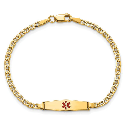 14K Yellow Gold Medical Semi Solid Chain/Solid Plate 20X5mm Soft Diamond Shape Centered Red Enamel Anchor Link 6 Inch Baby/Child Id Bracelet