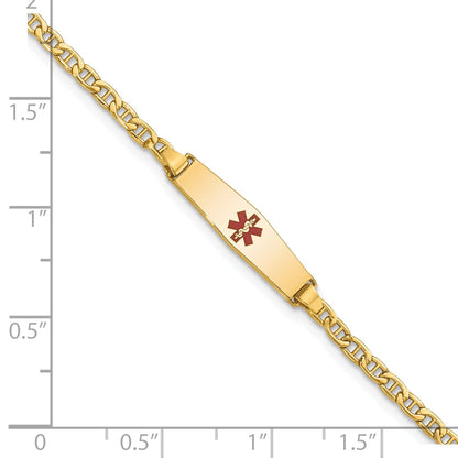 14K Yellow Gold Medical Semi Solid Chain/Solid Plate 20X5mm Soft Diamond Shape Centered Red Enamel Anchor Link 6 Inch Baby/Child Id Bracelet