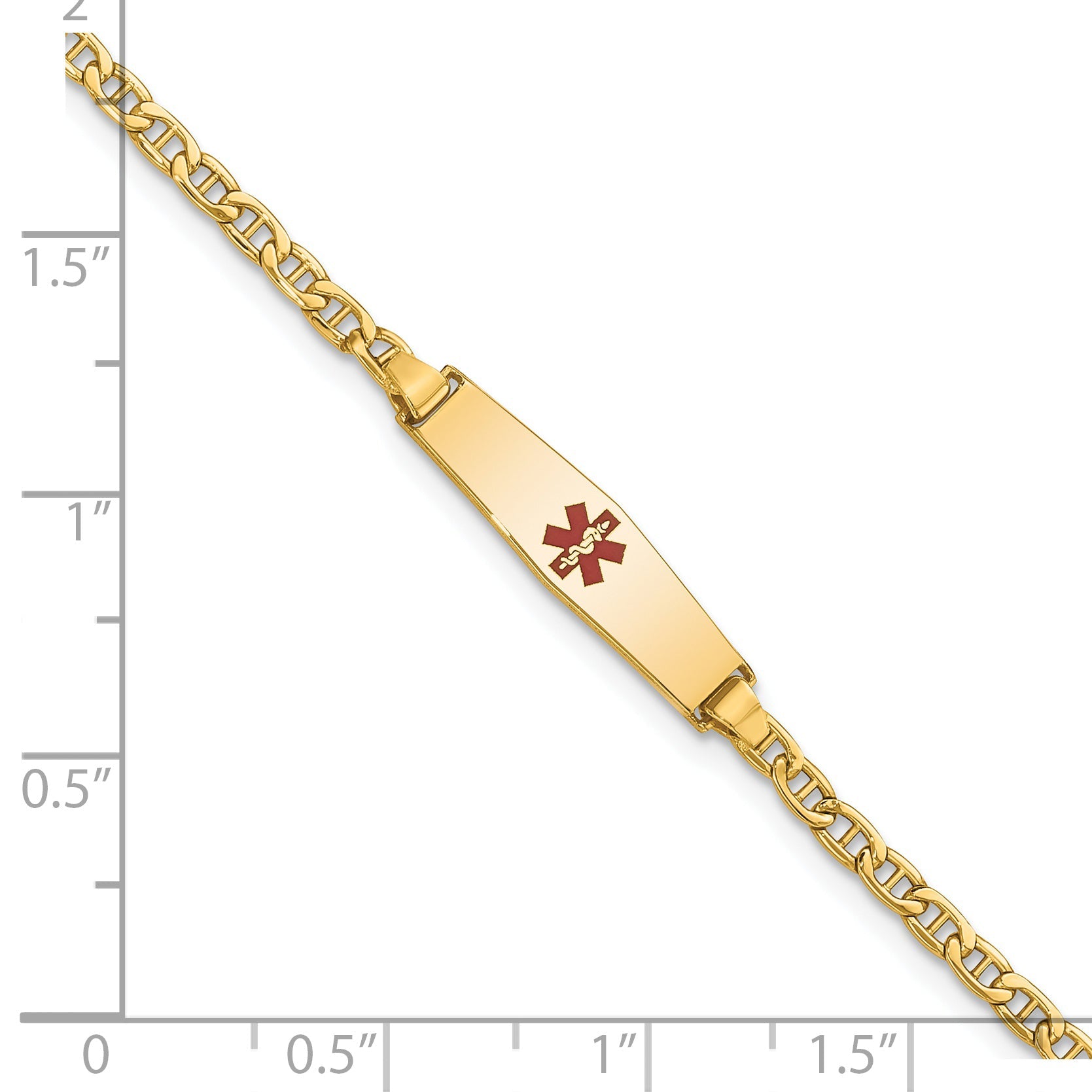 14K Yellow Gold Medical Semi Solid Chain/Solid Plate 20X5mm Soft Diamond Shape Centered Red Enamel Anchor Link 7 Inch Id Bracelet