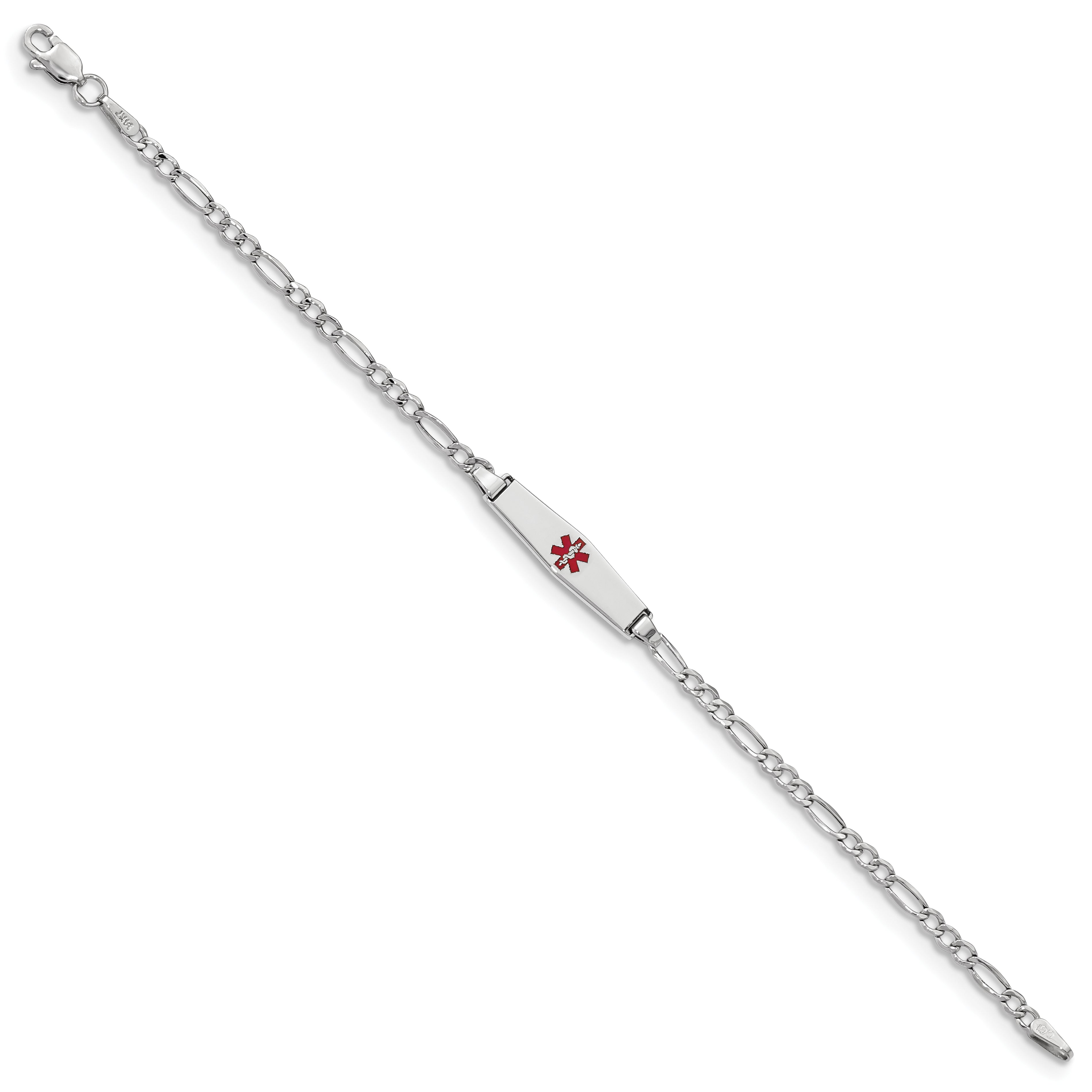14K White Gold Medical Semi Solid Chain/Solid Plate 20X5mm Soft Diamond Shape Centered Red Enamel Figaro Link 7 Inch Id Bracelet