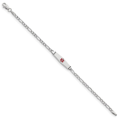 14K White Gold Medical Semi Solid Chain/Solid Plate 20X5mm Soft Diamond Shape Centered Red Enamel Figaro Link 7 Inch Id Bracelet