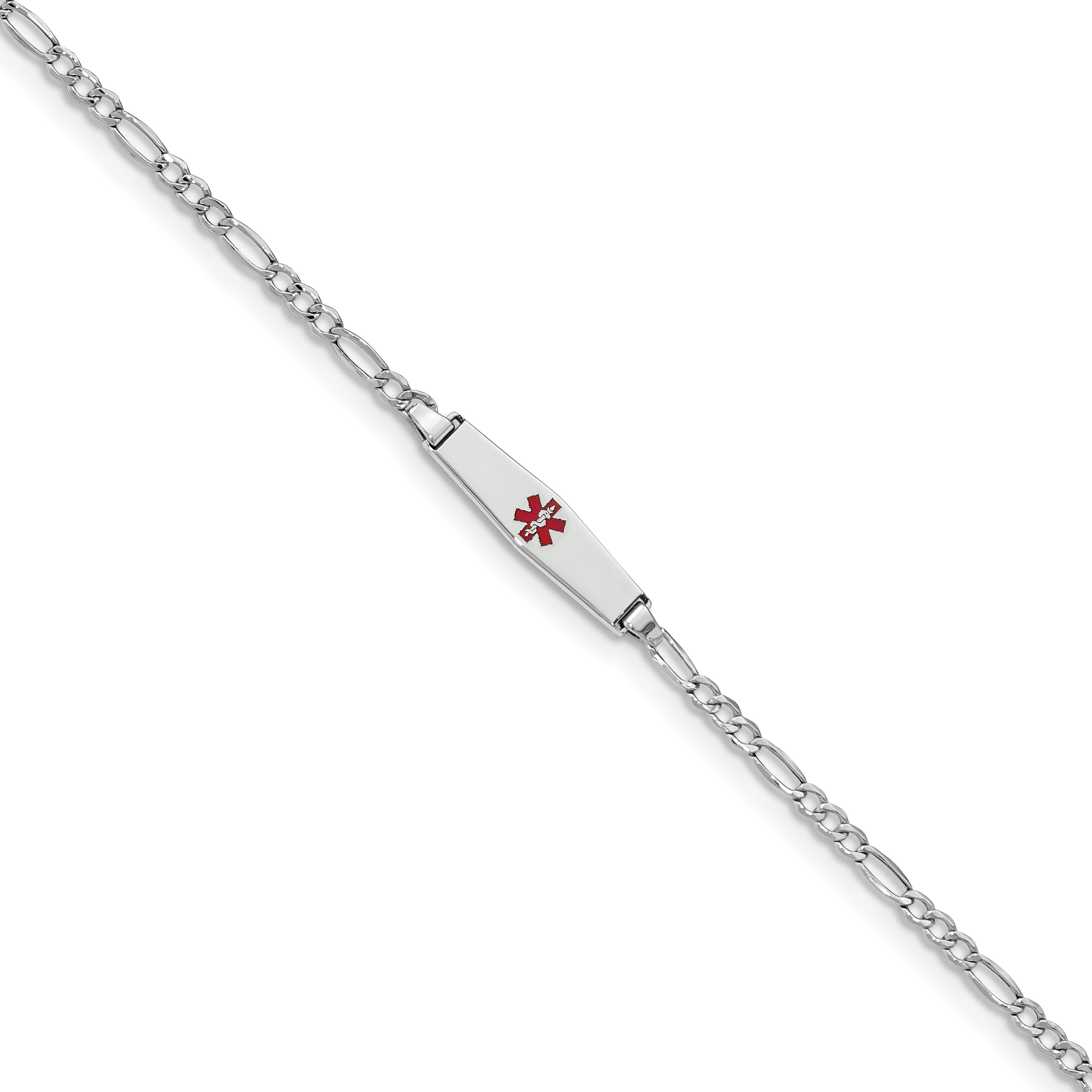 14K White Gold Medical Semi Solid Chain/Solid Plate 20X5mm Soft Diamond Shape Centered Red Enamel Figaro Link 6 Inch Baby/Child Id Bracelet