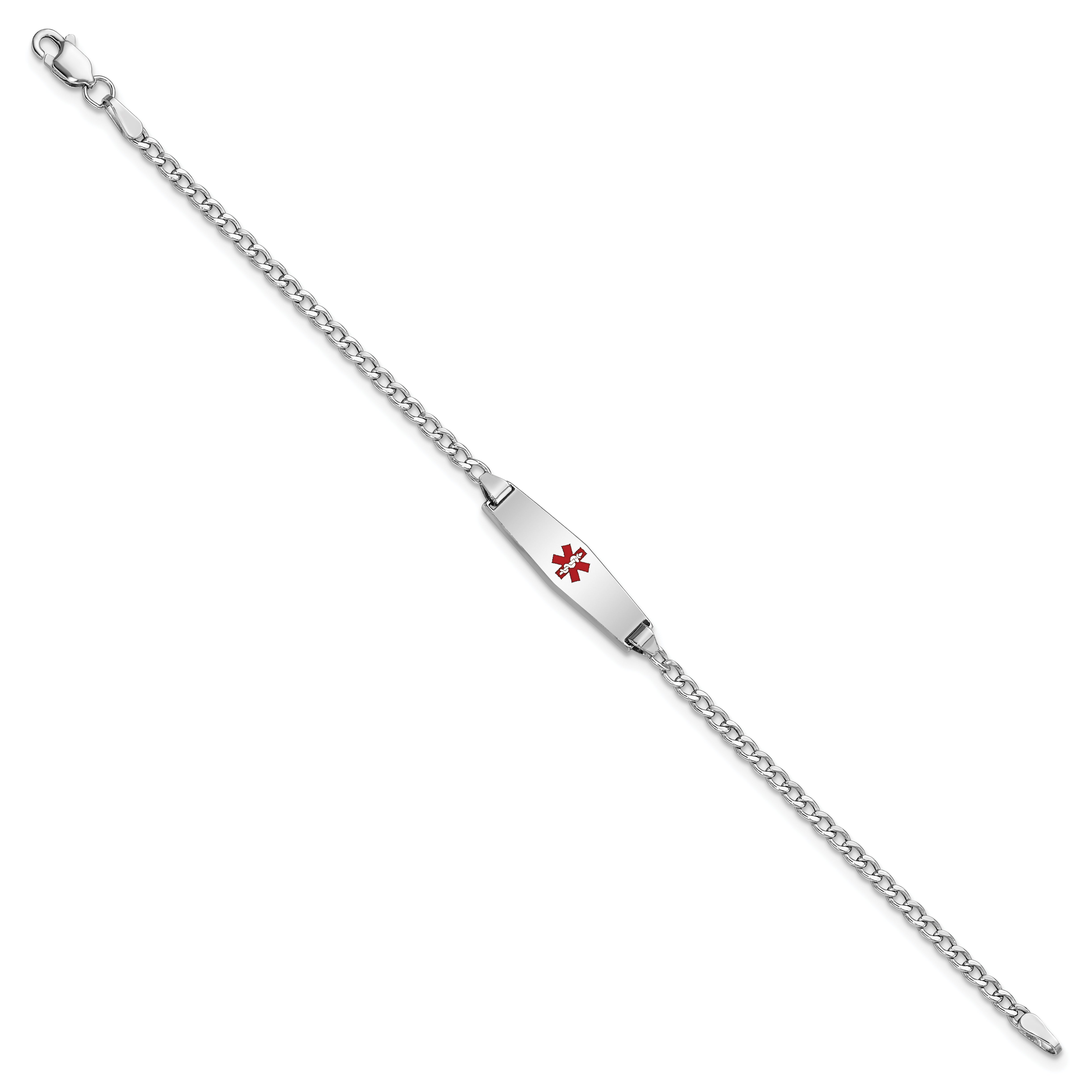 14K White Gold Medical Semi Solid Chain/Solid Plate 20X5mm Soft Diamond Shape Centered Red Enamel Cuban Link 7 Inch Id Bracelet