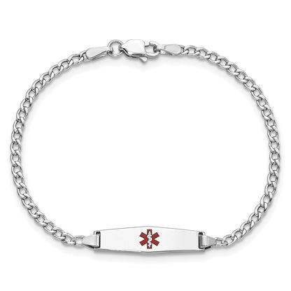 14K White Gold Medical Semi Solid Chain/Solid Plate 20X5mm Soft Diamond Shape Centered Red Enamel Cuban Link 7 Inch Id Bracelet
