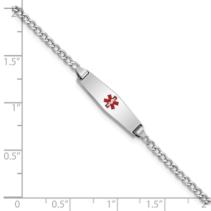 14K White Gold Medical Semi Solid Chain/Solid Plate 20X5mm Soft Diamond Shape Centered Red Enamel Cuban Link 7 Inch Id Bracelet