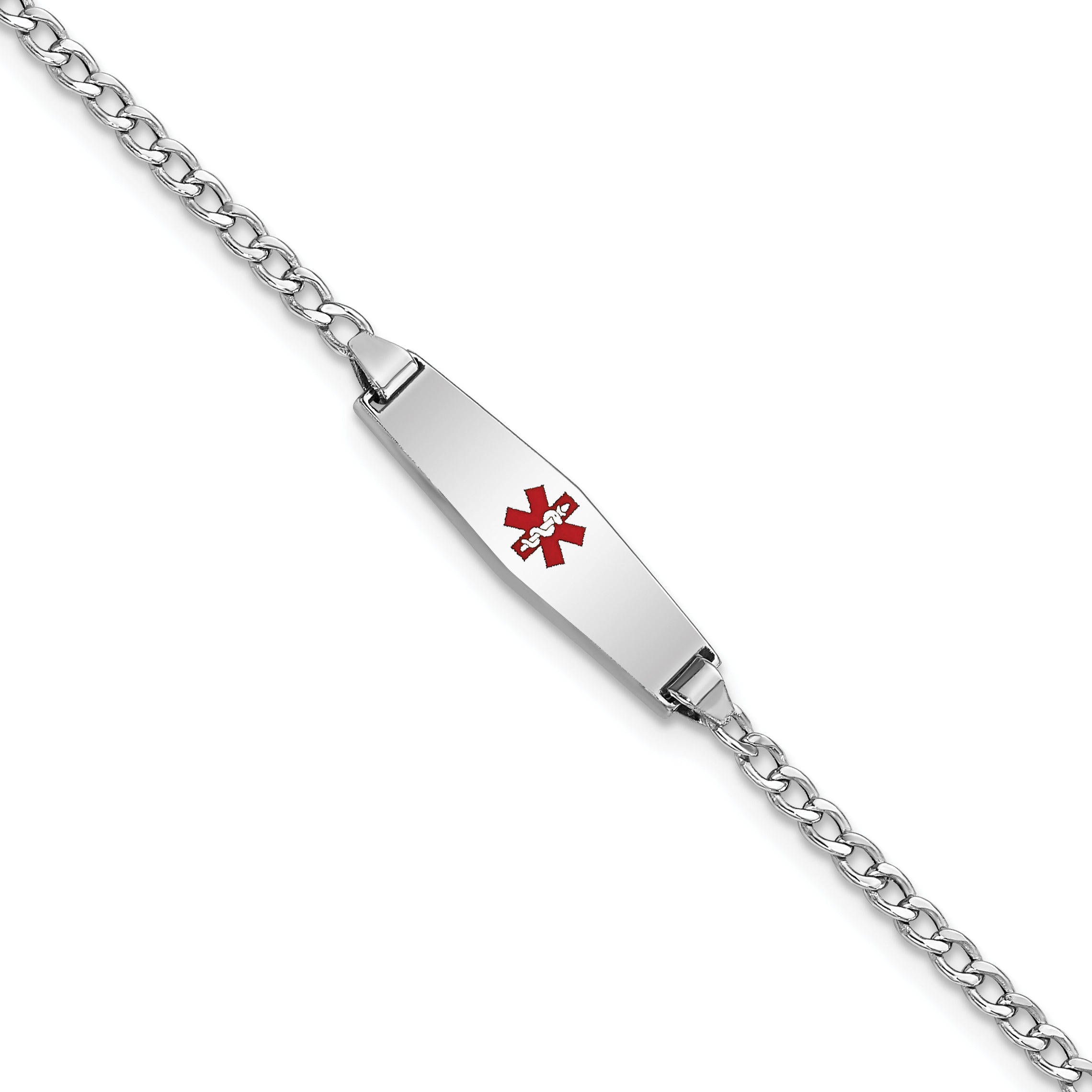 14K White Gold Medical Semi Solid Chain/Solid Plate 20X5mm Soft Diamond Shape Centered Red Enamel Cuban Link 7 Inch Id Bracelet