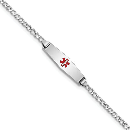 14K White Gold Medical Semi Solid Chain/Solid Plate 20X5mm Soft Diamond Shape Centered Red Enamel Cuban Link 7 Inch Id Bracelet