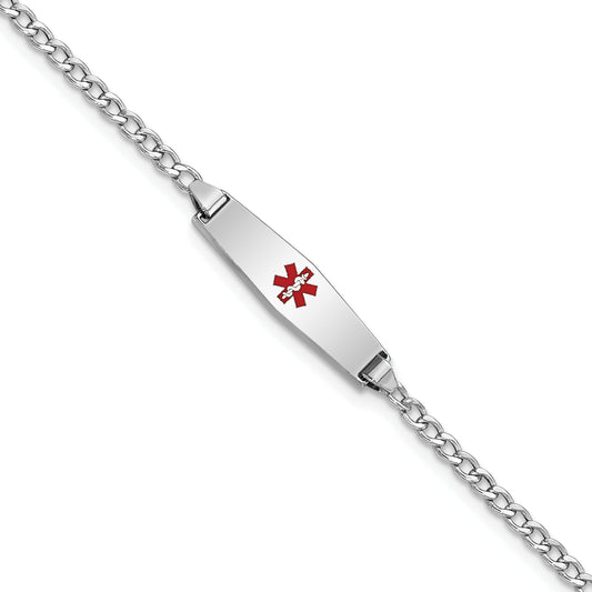 14K White Gold Medical Semi Solid Chain/Solid Plate 20X5mm Soft Diamond Shape Centered Red Enamel Cuban Link 7 Inch Id Bracelet