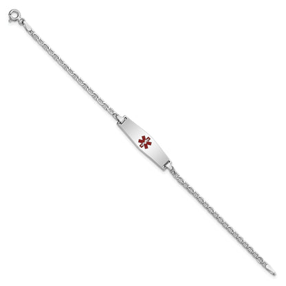 14K White Gold Medical Semi Solid Chain/Solid Plate 25X7mm Soft Diamond Shape Centered Red Enamel Anchor Link 6 Inch Baby/Child Id Bracelet